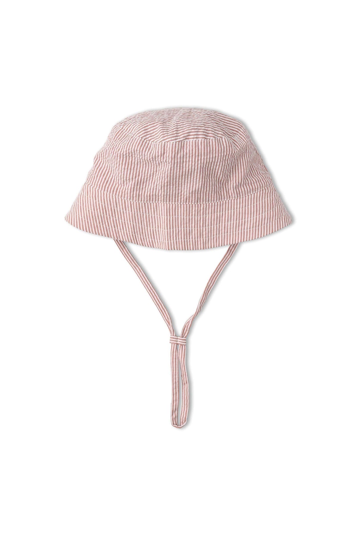 Organic bucket sun hat in coral stripes, made from soft, breathable organic cotton. Features a wide brim and chin strap, ideal for sun protection during outdoor activities.