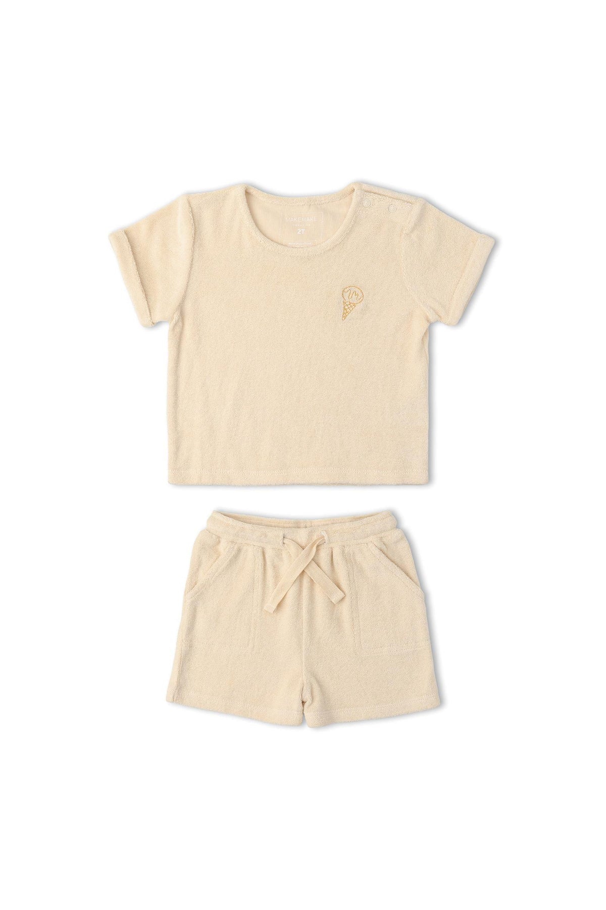 Butter yellow organic terry tee and shorts set featuring a relaxed fit and soft, breathable fabric. Ideal for summer comfort, playtime, and lounging. Perfect for eco-conscious families.