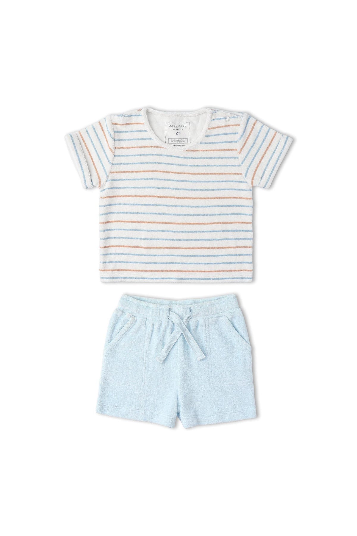 Organic terry tee and shorts set featuring a striped design in soft blue and white. Made from breathable fabric, this comfortable outfit is perfect for warm summer days.