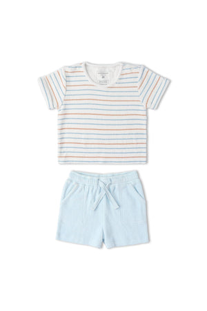 Organic terry tee and shorts set featuring a striped design in soft blue and white. Made from breathable fabric, this comfortable outfit is perfect for warm summer days.