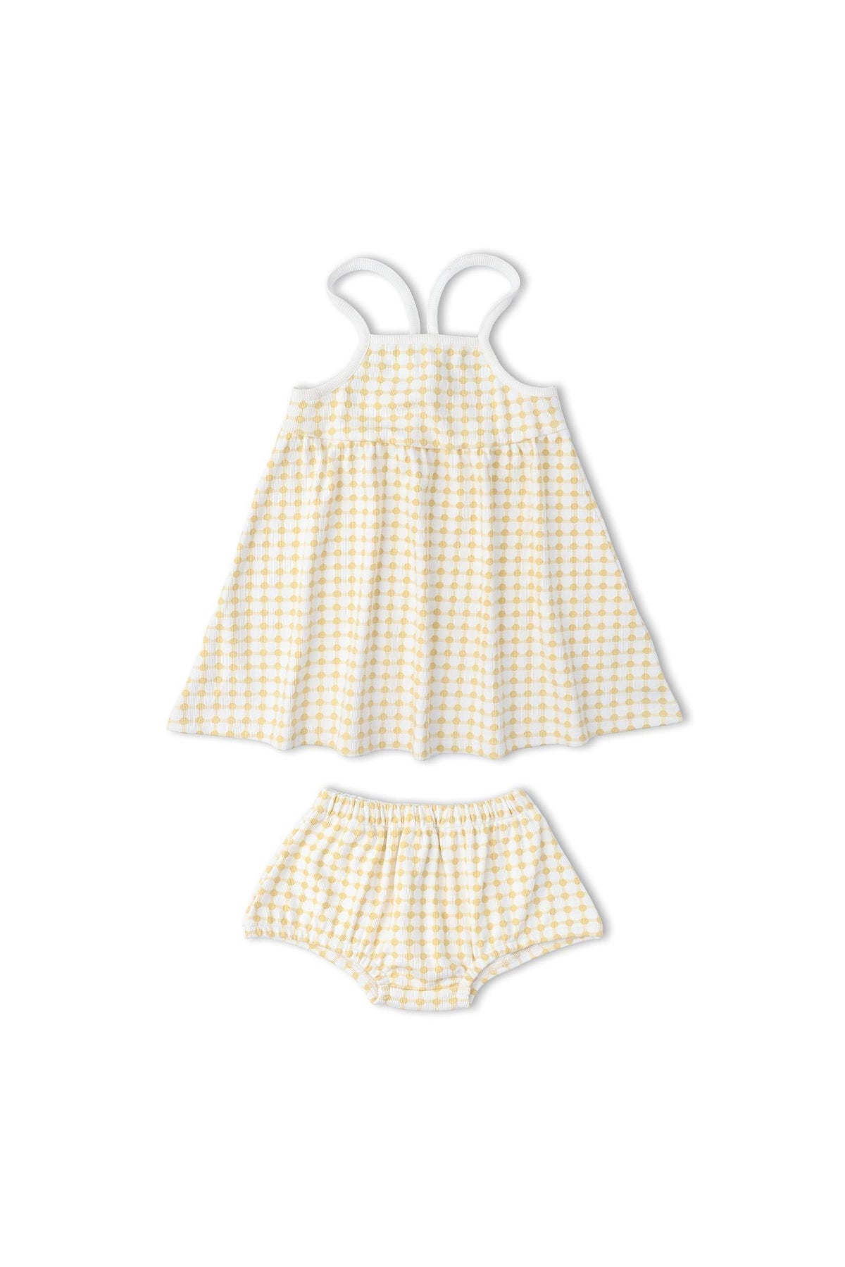 A sunny yellow and white gingham dress set featuring adjustable tie-back straps and matching bloomers. Made from soft, breathable organic cotton, perfect for children’s casual wear.