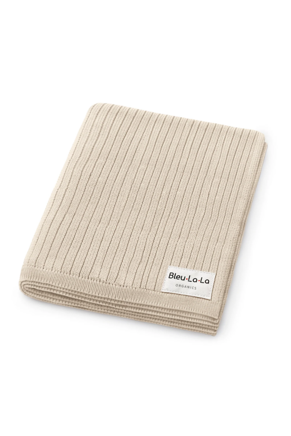 Beige ribbed knit swaddle blanket, folded neatly with a Bleu-La-La Organics label visible. Made from organic cotton.