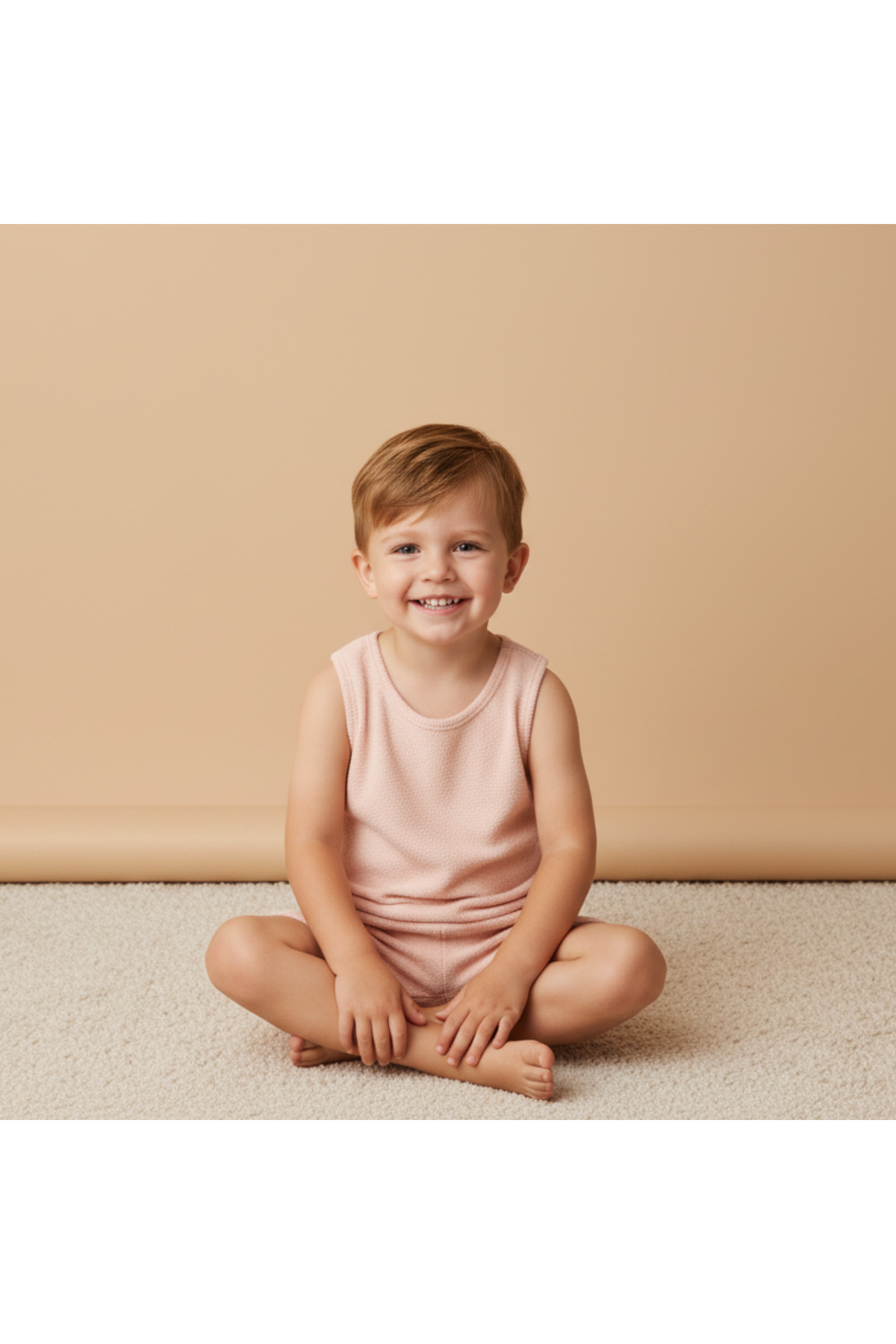 A smiling child sits cross-legged on a soft carpet, wearing a blush-colored organic sleeveless tee and shorts set.