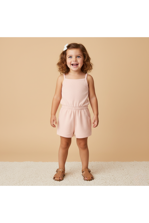 A smiling young girl stands on a soft surface, wearing a blush pink organic tank romper with adjustable straps. The romper features a relaxed fit, perfect for warm weather activities.