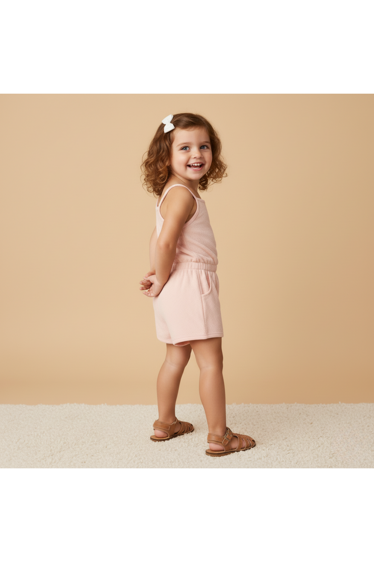 A young girl smiles while wearing a soft blush tank romper with a cinched waist, paired with brown sandals. The backdrop features a warm, neutral tone, enhancing the playful vibe.