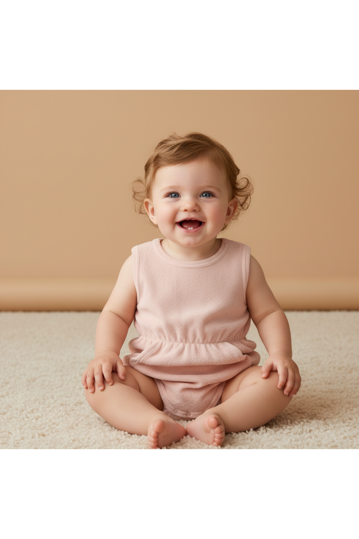 A smiling baby sits on a soft, beige carpet, wearing a blush-colored organic cotton romper with a gathered waist. The background is a warm, neutral tone, enhancing the cheerful atmosphere.