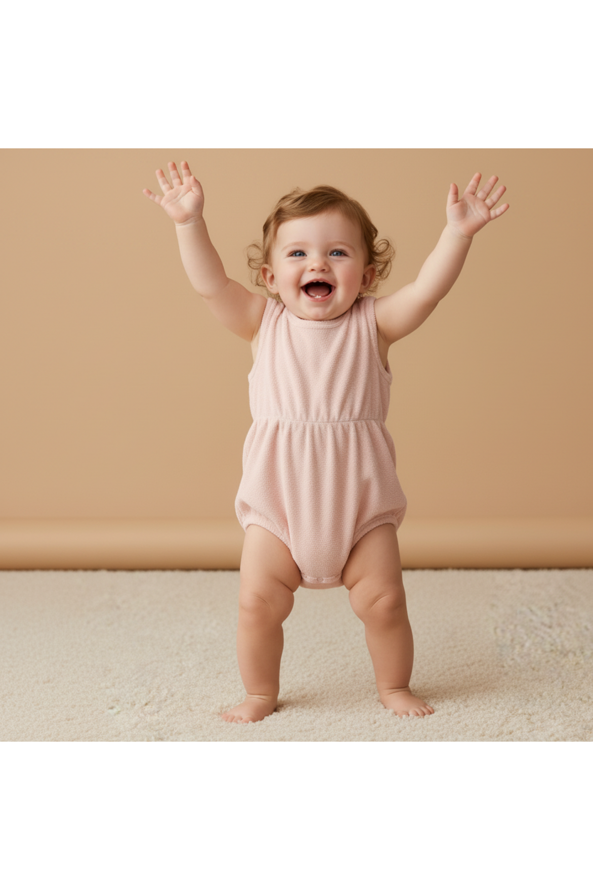 A joyful baby stands on a soft, textured rug, wearing a blush-colored organic cotton romper with a gathered waist. The warm backdrop complements the playful, cheerful expression.