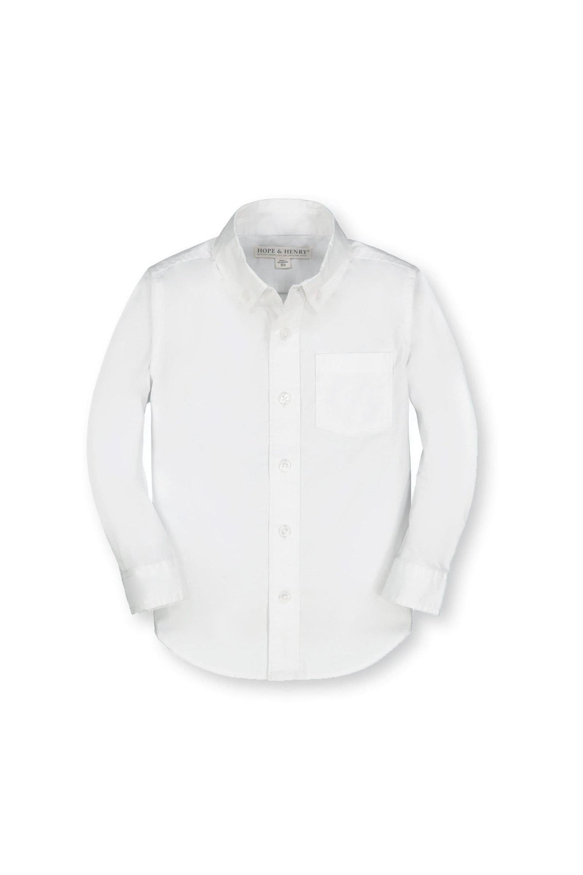 A classic white long sleeve button-down shirt made from soft organic cotton poplin, featuring a functional chest pocket and a hint of stretch, perfect for toddlers and kids.