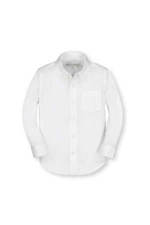 A classic white long sleeve button-down shirt made from soft organic cotton poplin, featuring a functional chest pocket and a hint of stretch, perfect for toddlers and kids.