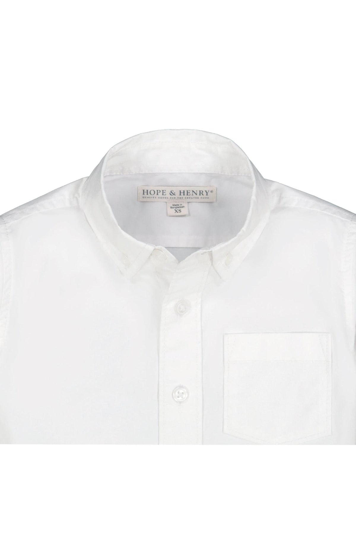 White button-down shirt featuring a classic collar and a chest pocket, made from soft organic cotton poplin. Designed by Hope & Henry for toddlers and kids, combining style with sustainability.