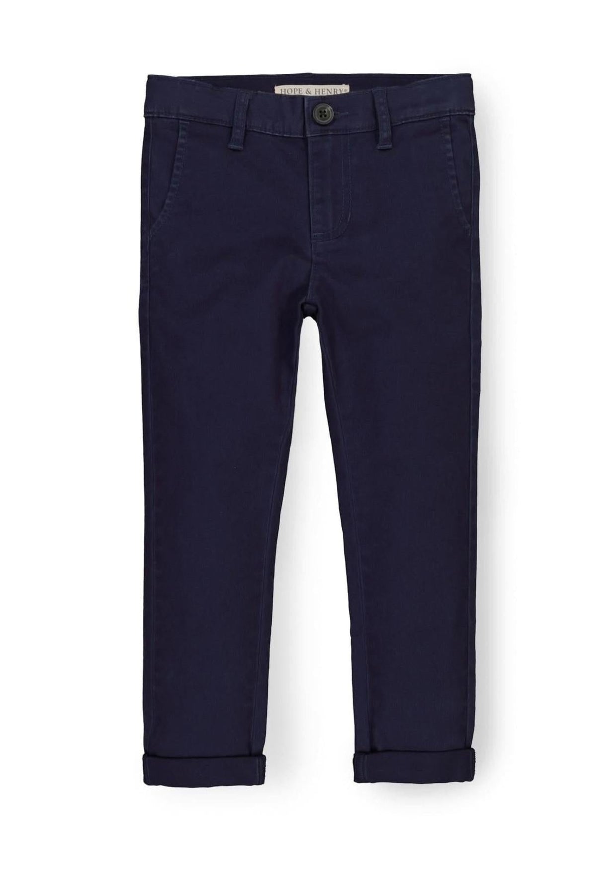 Navy skinny chino pants by Hope & Henry, crafted from organic cotton, featuring a fitted leg and rolled cuffs.