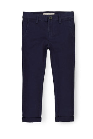 Navy skinny chino pants by Hope & Henry, crafted from organic cotton, featuring a fitted leg and rolled cuffs.