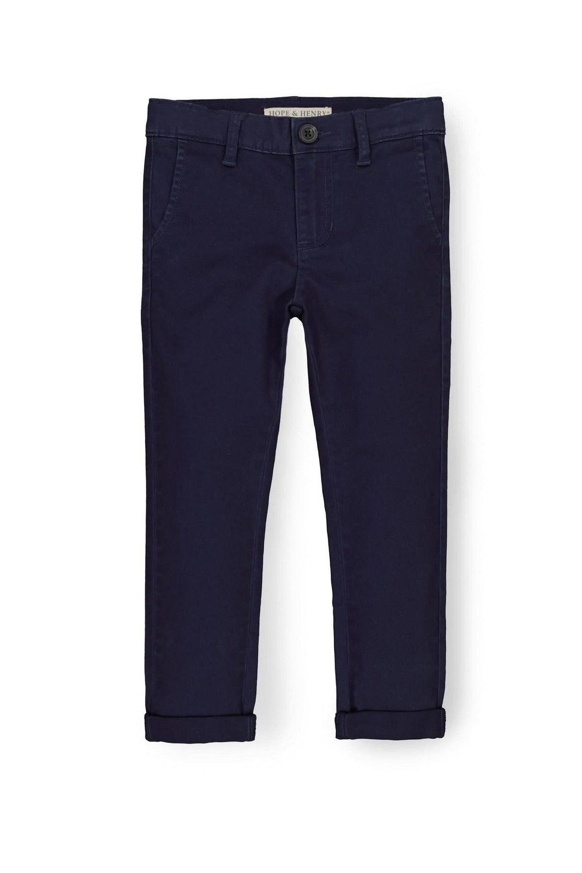 Navy blue skinny chinos made from organic cotton twill, featuring rolled cuffs and an adjustable waistband for baby boys.