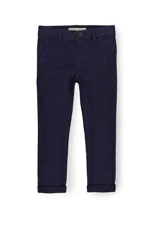Navy blue skinny chinos made from organic cotton twill, featuring rolled cuffs and an adjustable waistband for baby boys.