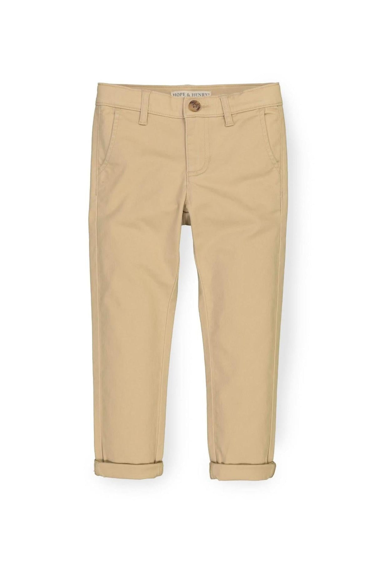 Khaki skinny chinos for boys from Hope & Henry, featuring rolled cuffs and made from organic cotton for comfort.
