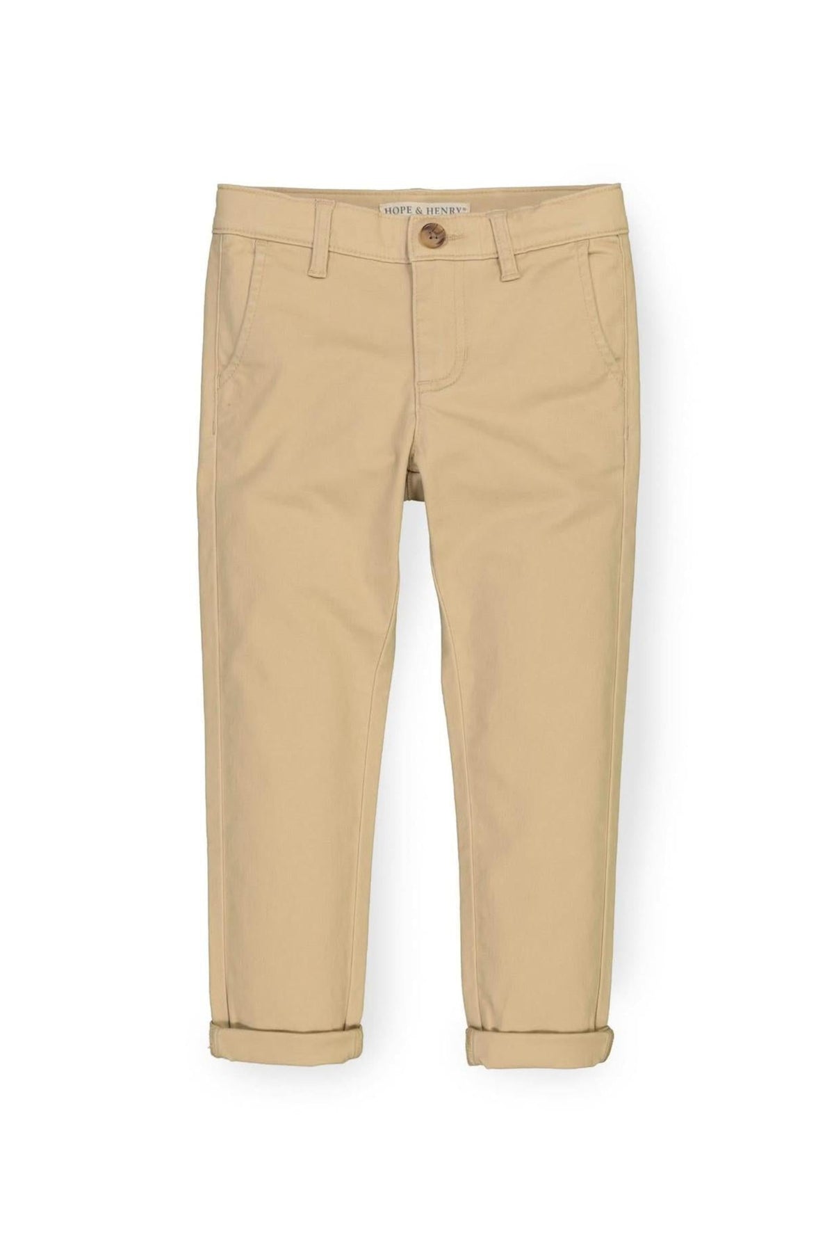 Tan skinny stretch chinos for baby boys by Hope & Henry, made from soft organic cotton twill with rolled cuffs.