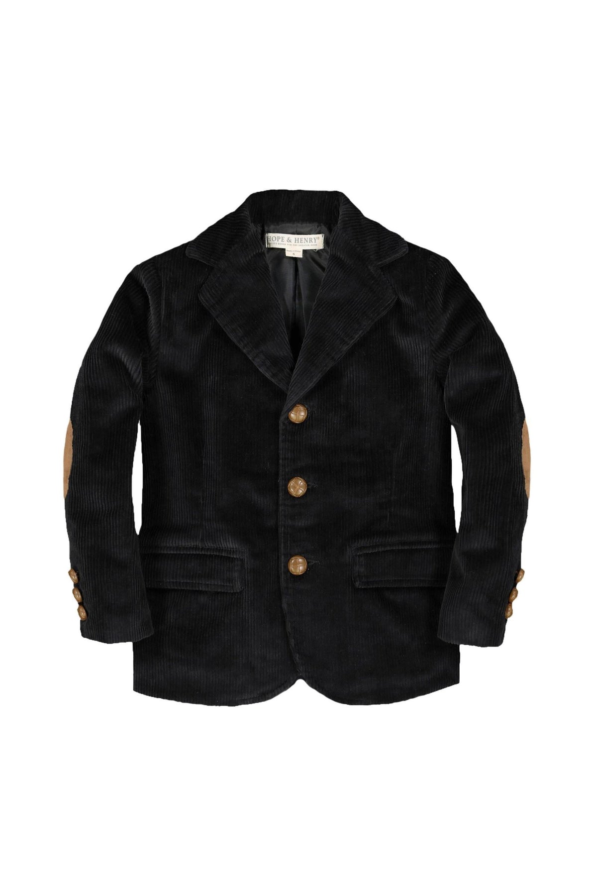 Black corduroy blazer for boys by Hope & Henry, featuring faux suede elbow patches and a tailored silhouette. Made from OCS-Certified organic cotton, suitable for toddlers and kids.