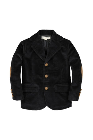 Black corduroy blazer for boys by Hope & Henry, featuring faux suede elbow patches and a tailored silhouette. Made from OCS-Certified organic cotton, suitable for toddlers and kids.