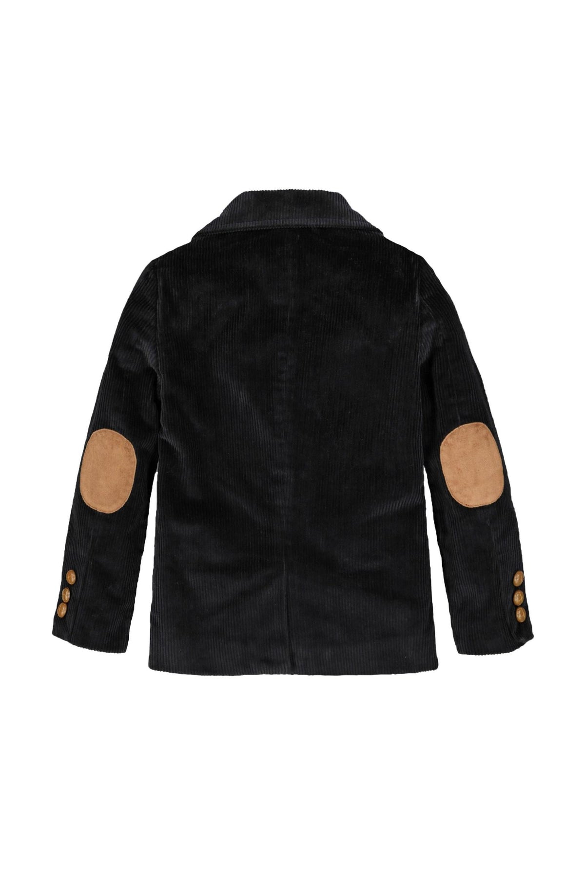 Back view of a black organic cotton corduroy blazer for boys, featuring faux suede elbow patches and decorative buttons on the sleeves, showcasing a tailored and classic style.