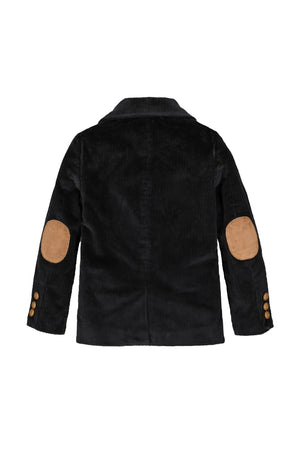 Back view of a black organic cotton corduroy blazer for boys, featuring faux suede elbow patches and decorative buttons on the sleeves, showcasing a tailored and classic style.