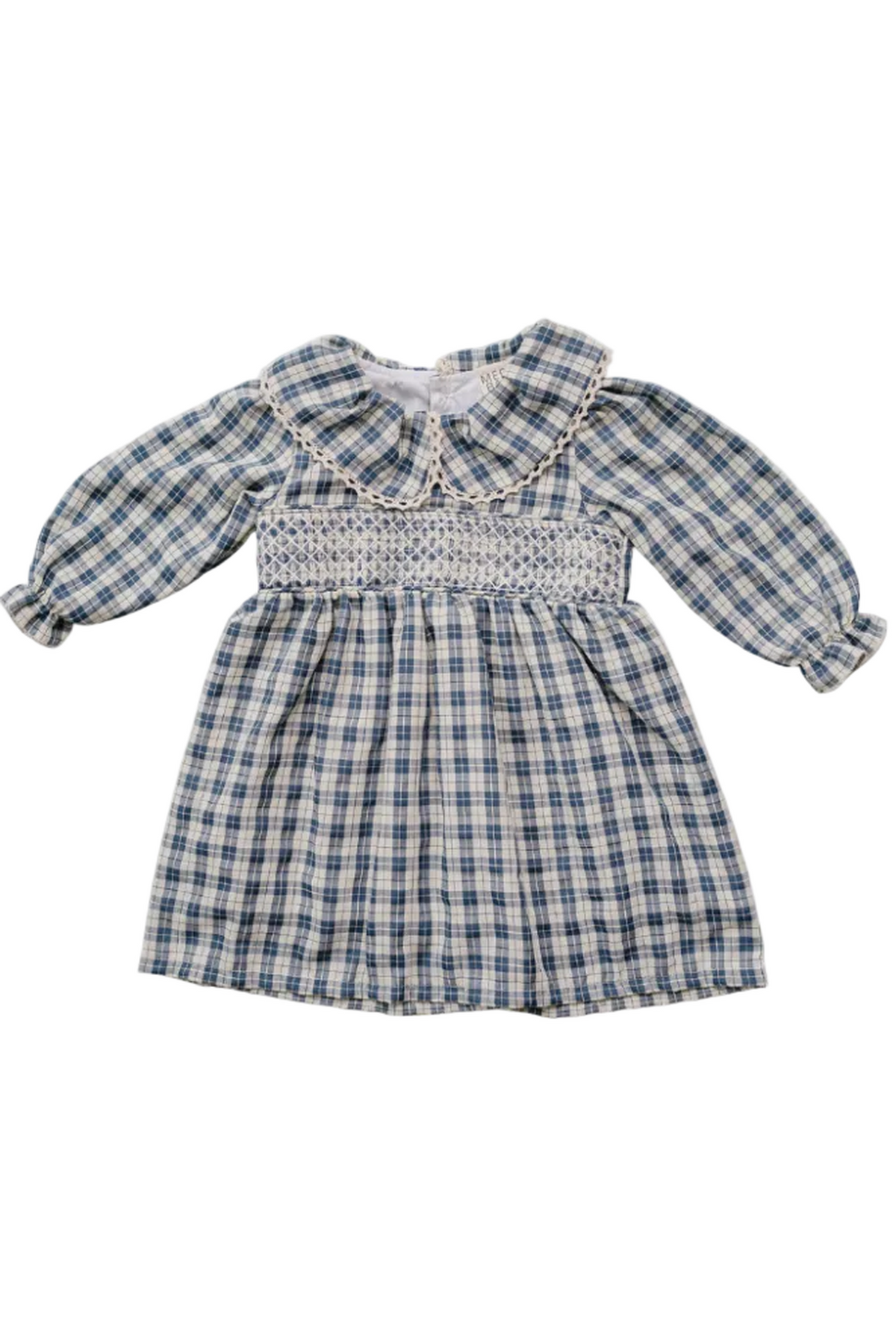 A blue plaid cotton dress features a ruffle Peter Pan collar and long sleeves, designed for kids. The soft, breathable fabric is perfect for special occasions or everyday wear.