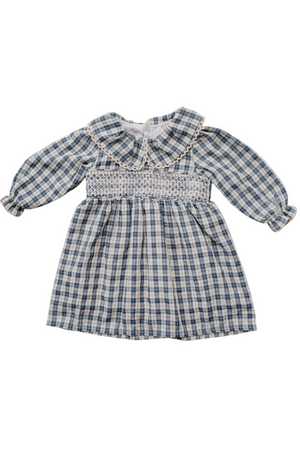 A blue plaid cotton dress features a ruffle Peter Pan collar and long sleeves, designed for kids. The soft, breathable fabric is perfect for special occasions or everyday wear.