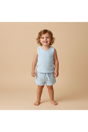 A smiling child stands in a light blue organic cotton sleeveless tee and shorts set. The soft terry fabric is perfect for warm, sunny days and casual playtime.