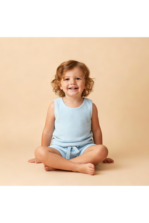 A smiling child sits cross-legged, wearing a light blue organic sleeveless tee and matching shorts set. The soft terry fabric gives a cozy, playful look against a neutral background.