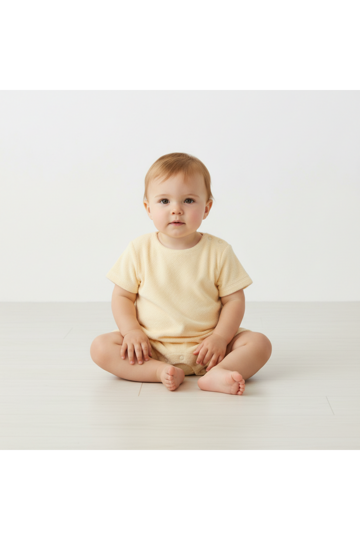 A toddler sits on a light wooden floor, wearing a soft butter yellow organic cotton short romper. The relaxed style is perfect for warm weather and playful activities.