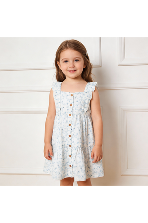 A young girl stands smiling in a light blue floral tiered dress with flutter sleeves and a button front.