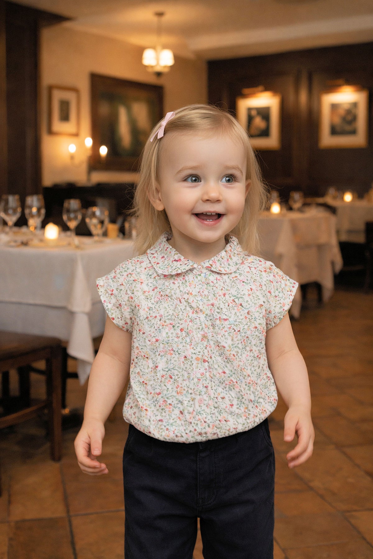 Hope & Henry Organic Cotton Ruffle Front Shirt with Puff Sleeves for Baby Girls, Ivory Fall Floral