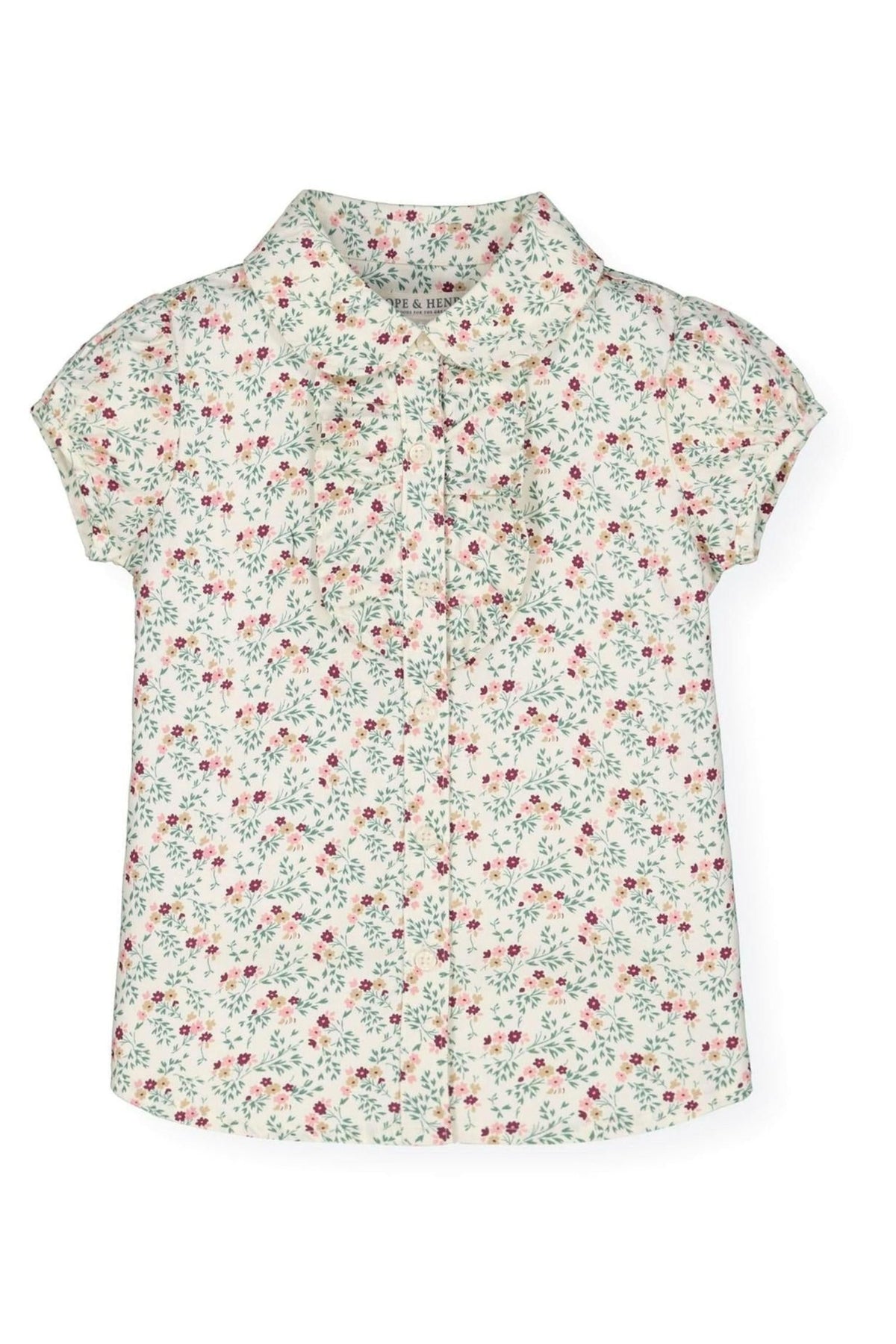 Hope & Henry Organic Cotton Ruffle Front Shirt with Puff Sleeves for Baby Girls, Ivory Fall Floral
