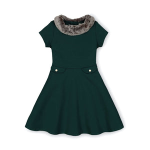 Organic Cotton Fit and Flare Ponte Baby Dress with Faux Fur, Green