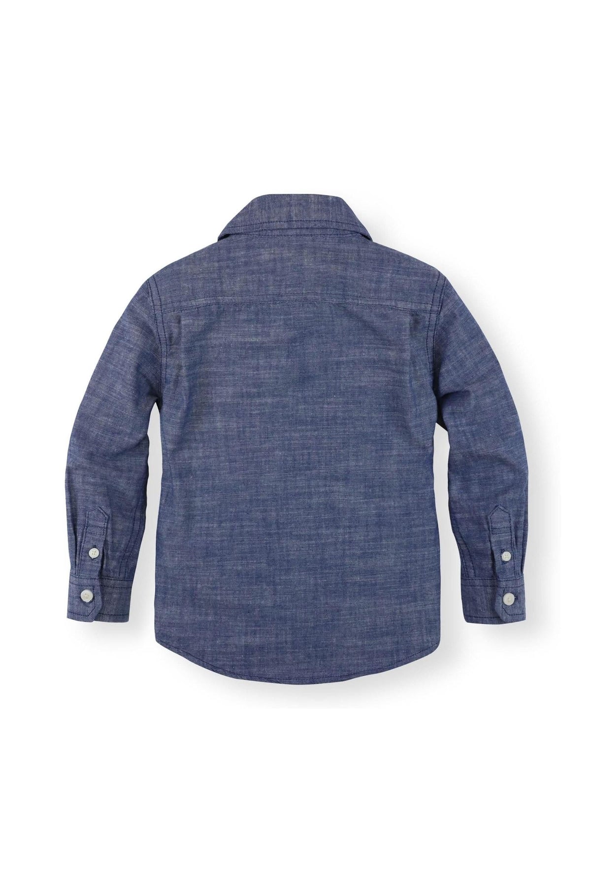 Back view of a blue organic cotton button-down shirt for boys, featuring long sleeves and a classic collar design.