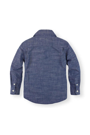 Back view of a blue organic cotton button-down shirt for boys, featuring long sleeves and a classic collar design.