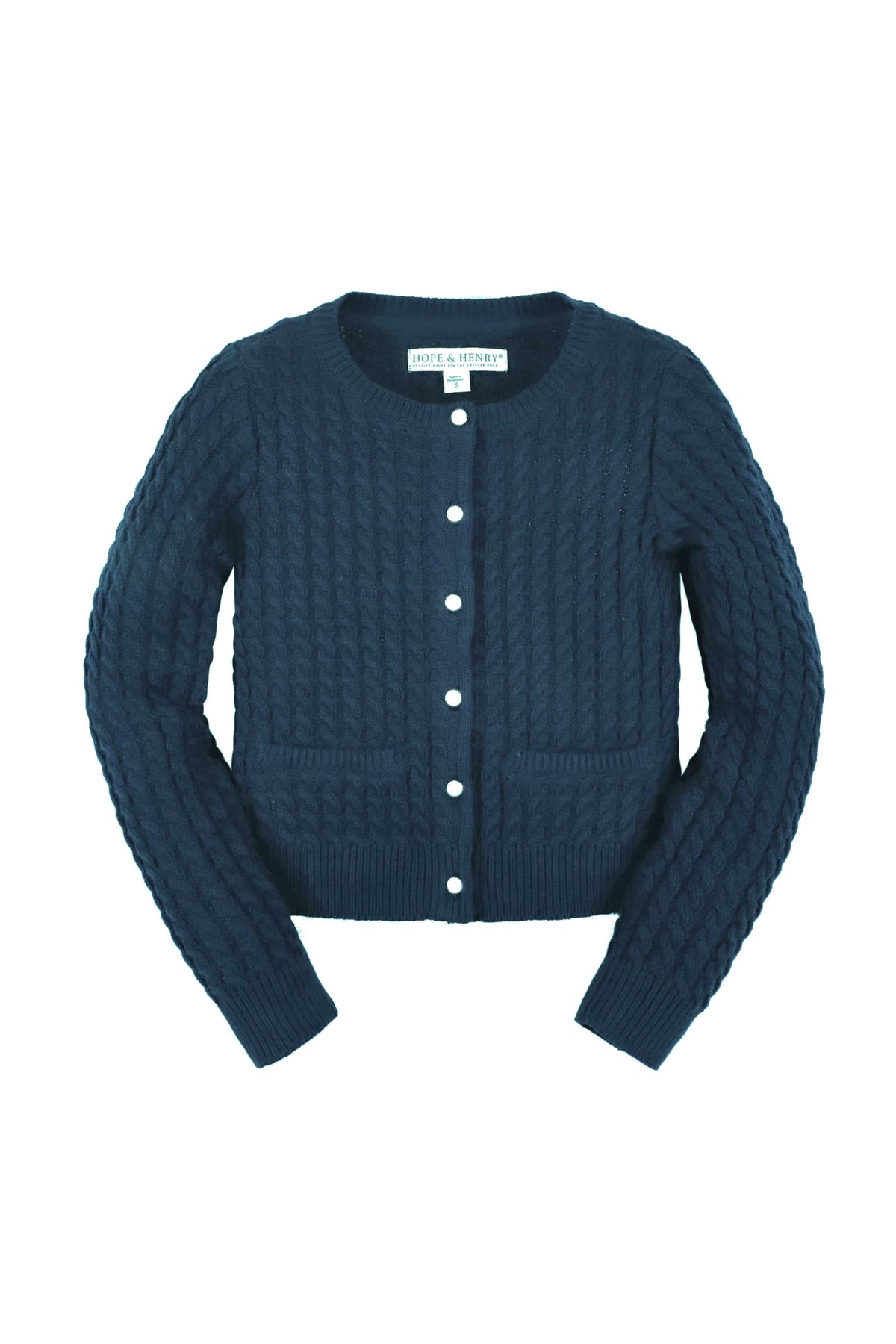 Navy blue organic cotton cable-knit cardigan by Hope & Henry features a classic design with elegant gold shank buttons and functional front pockets, ideal for toddlers and kids.