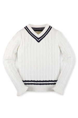 A white cable knit sweater with a v-neck, featuring navy striped detailing at the collar and hem.