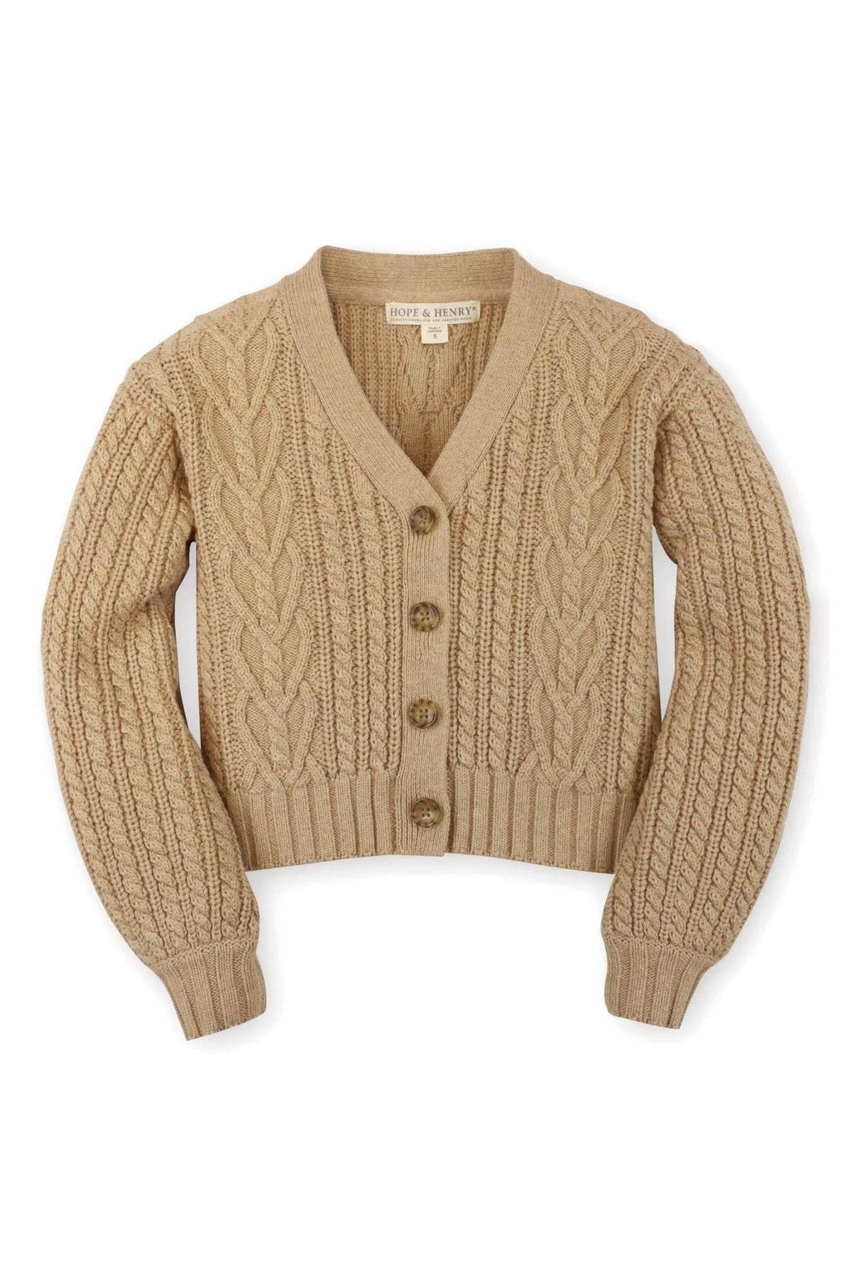 A cozy camel-colored chunky cable cardigan by Hope & Henry features a V-neck, belled sleeves, and faux horn button closure.