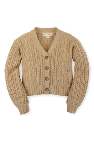 A cozy camel-colored chunky cable cardigan by Hope & Henry features a V-neck, belled sleeves, and faux horn button closure.