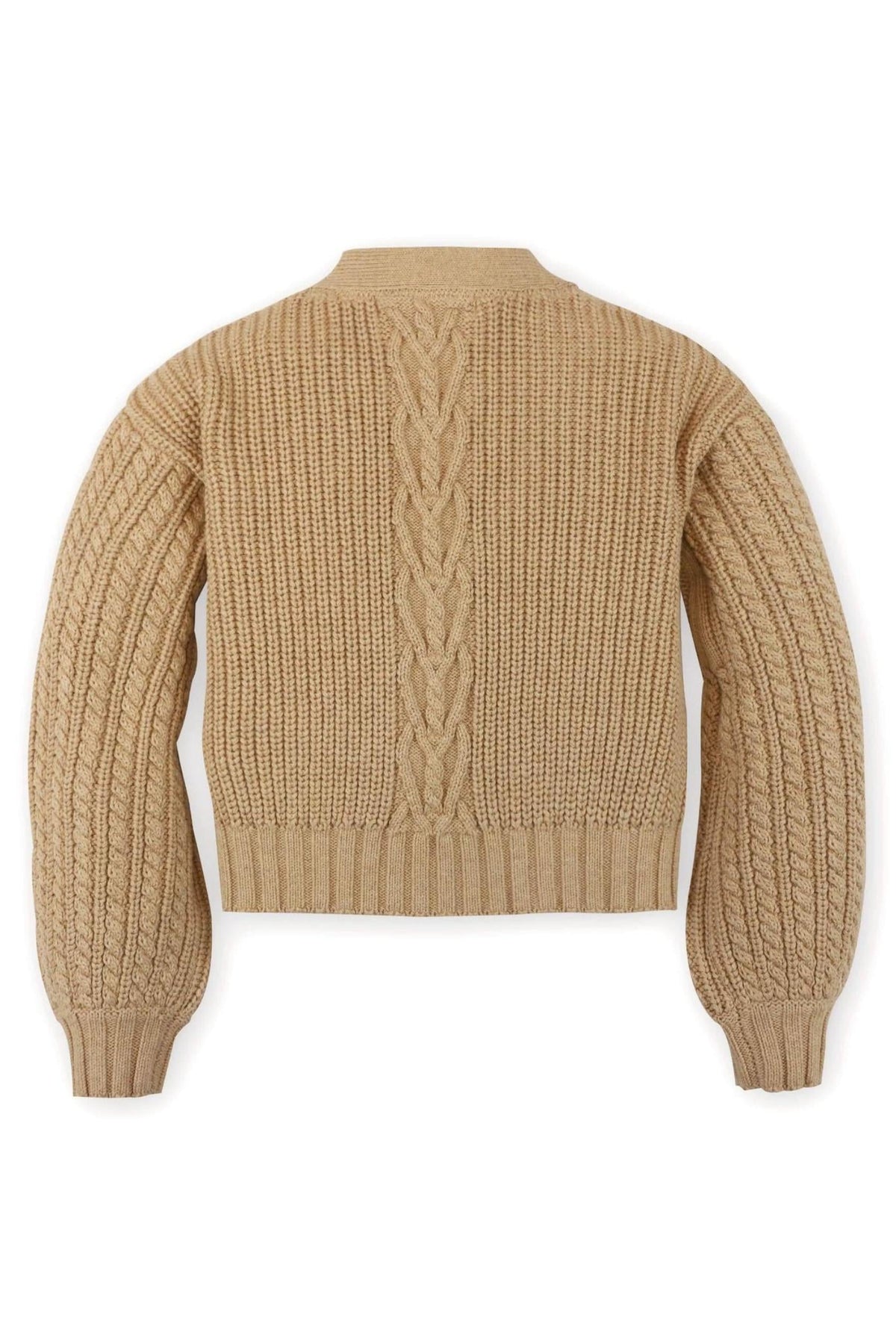 Back view of a camel-colored chunky cable cardigan made from organic cotton, featuring textured patterns and belled sleeves.