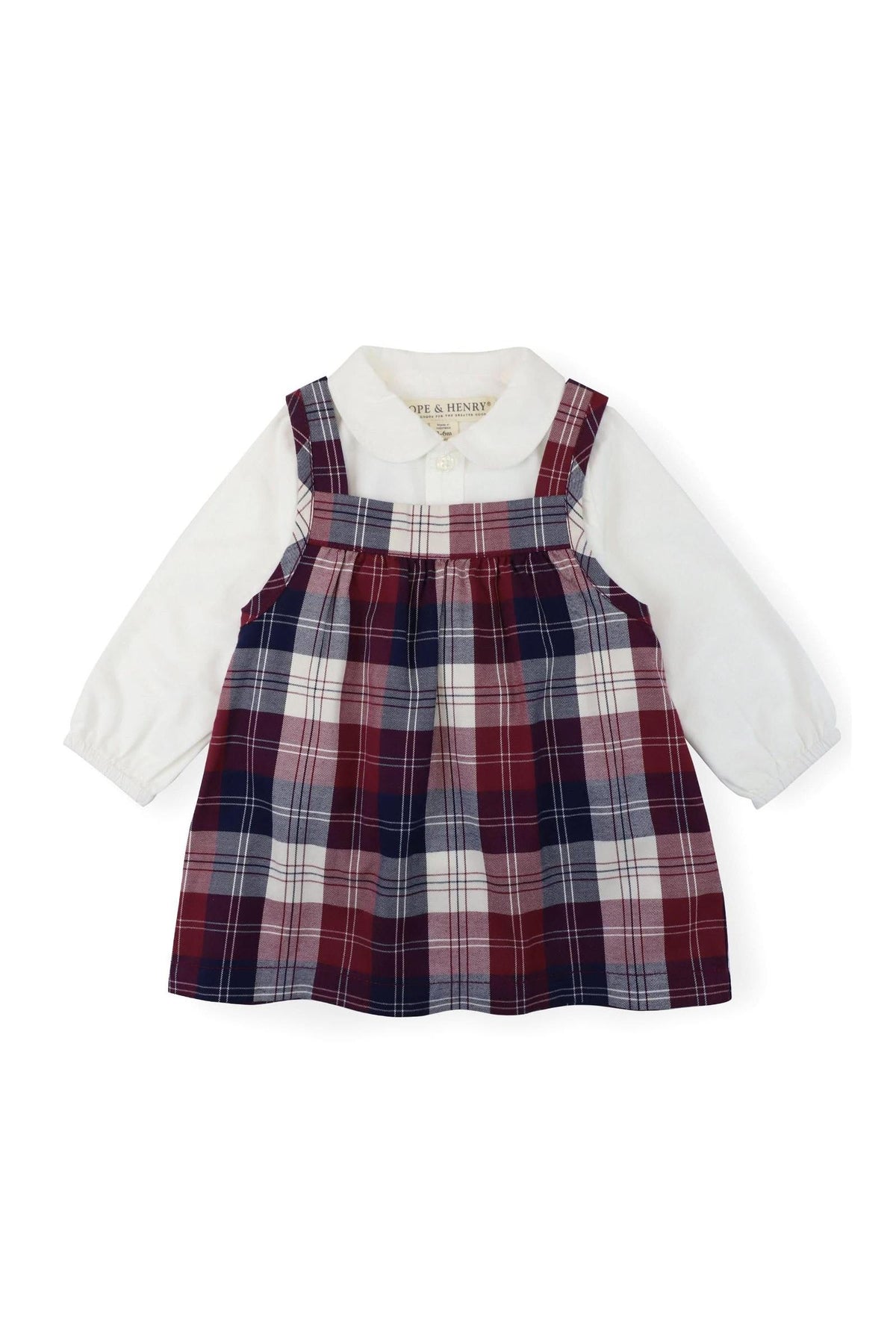 A long-sleeve white bodysuit with a Peter Pan collar is layered under a berry tartan plaid jumper.