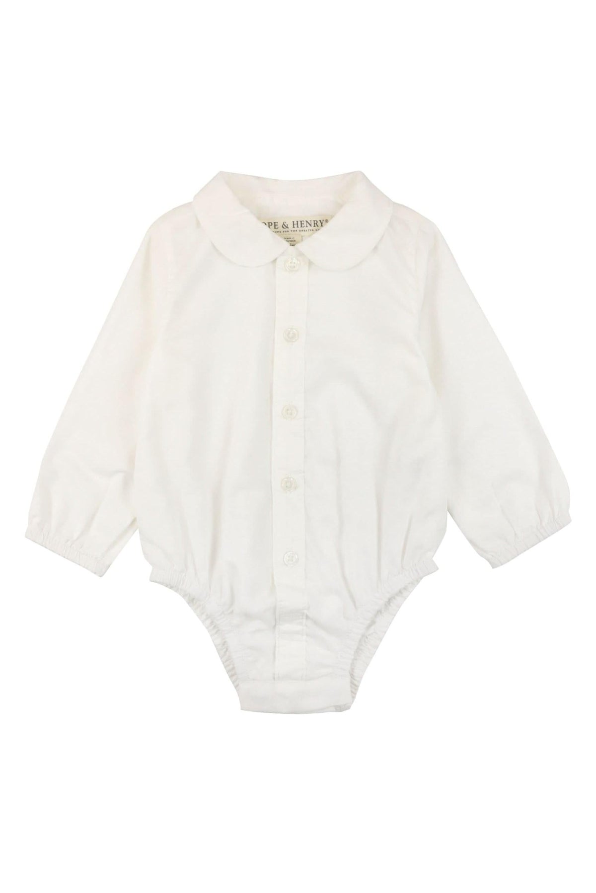 A white long-sleeve bodysuit with a Peter Pan collar and button front closure, made from organic cotton. This piece is designed for baby girls, offering both comfort and classic style.