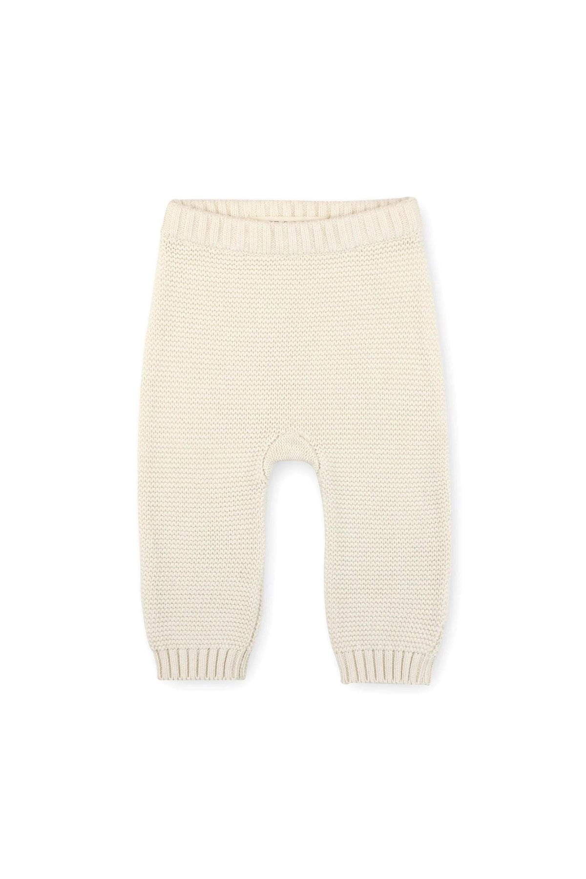 Cream-colored baby leggings made from organic cotton feature a textured knit design and elasticized waistband, ideal for comfort and style. Perfect for ages 0-24 months.