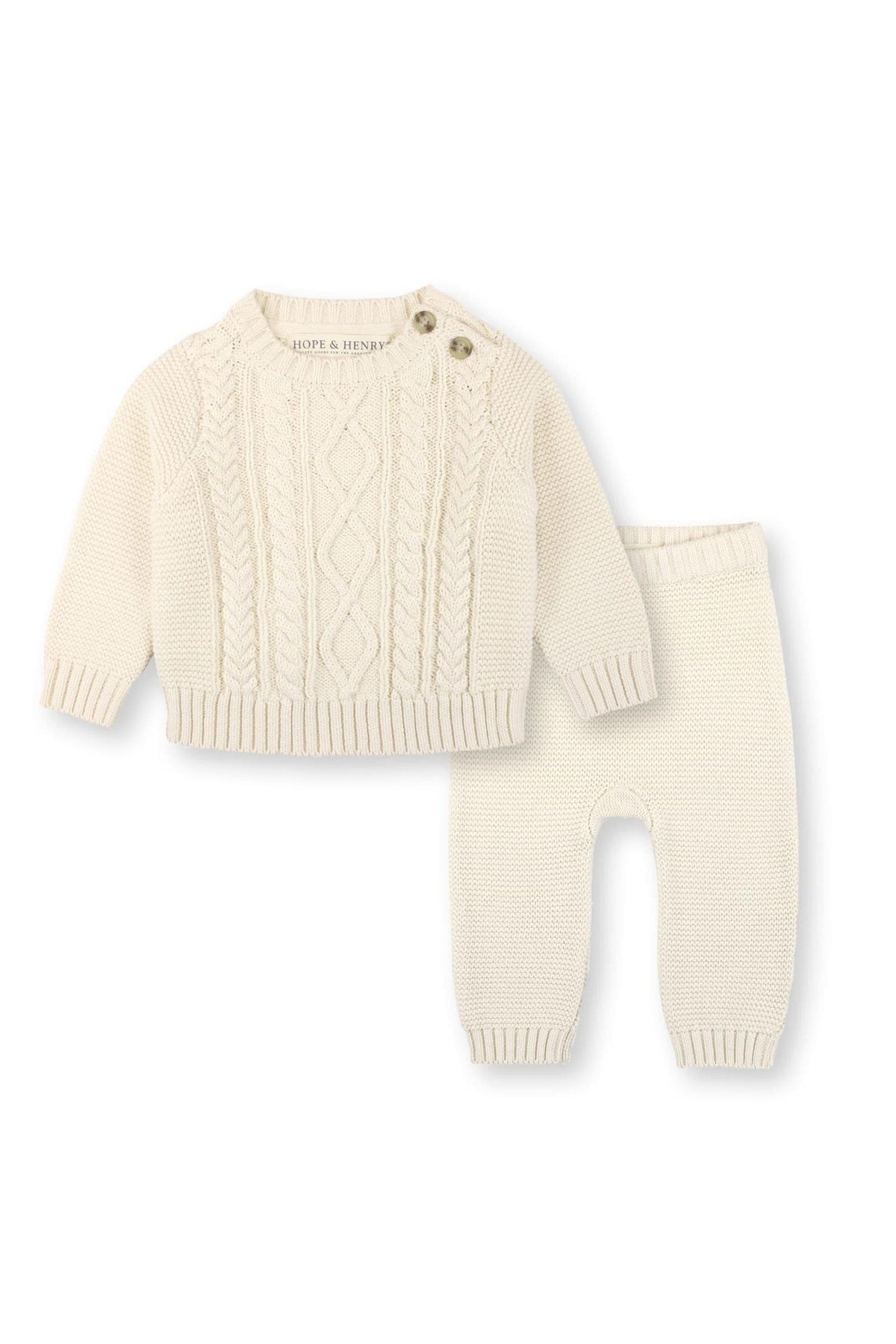 Ivory organic cotton cable sweater and coordinating leggings from Hope & Henry, designed for babies aged 0-24 months.