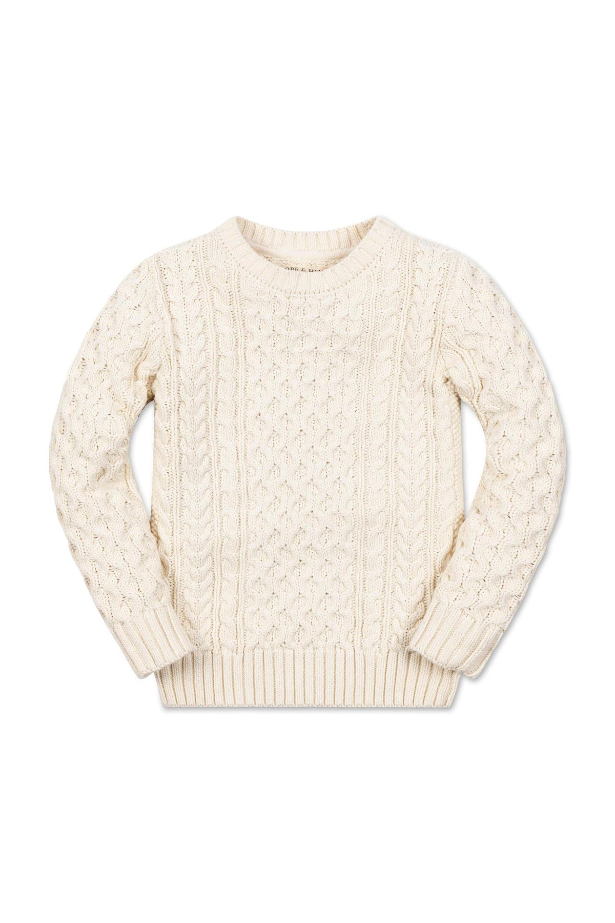 An ivory organic cotton fisherman sweater featuring a traditional cable knit design. This pullover is suitable for children, providing warmth and comfort in a stylish, eco-friendly style.