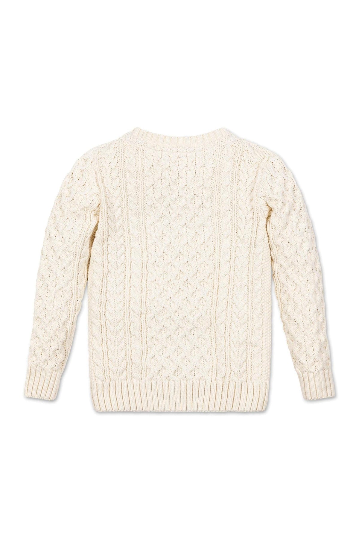Back view of an ivory organic cotton fisherman sweater featuring a traditional cable knit design, designed for children in sizes 2T-18. The soft material ensures warmth and comfort.