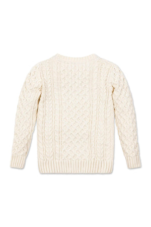 Back view of an ivory organic cotton fisherman sweater featuring a traditional cable knit design, designed for children in sizes 2T-18. The soft material ensures warmth and comfort.