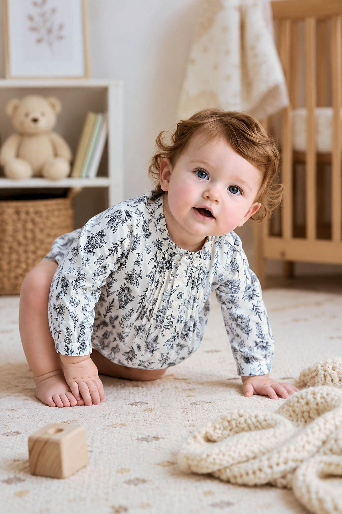 A baby crawls on a soft rug, wearing a floral organic cotton blouse with pintuck details. The cozy room features a crib, a teddy bear, and natural wooden toys.