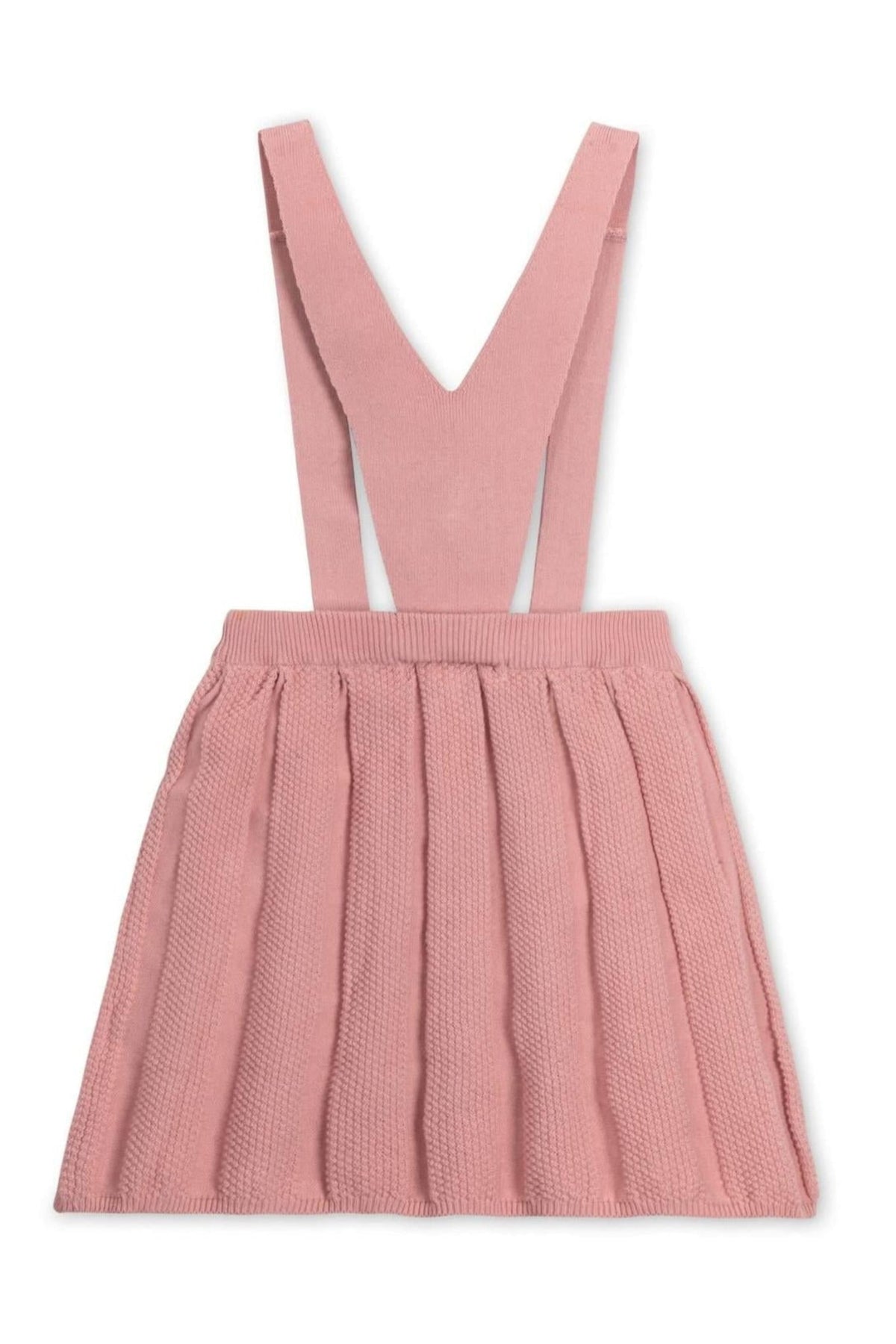 A pink pleated overall skirt with adjustable straps and a textured knit design, made from soft organic cotton for kids.