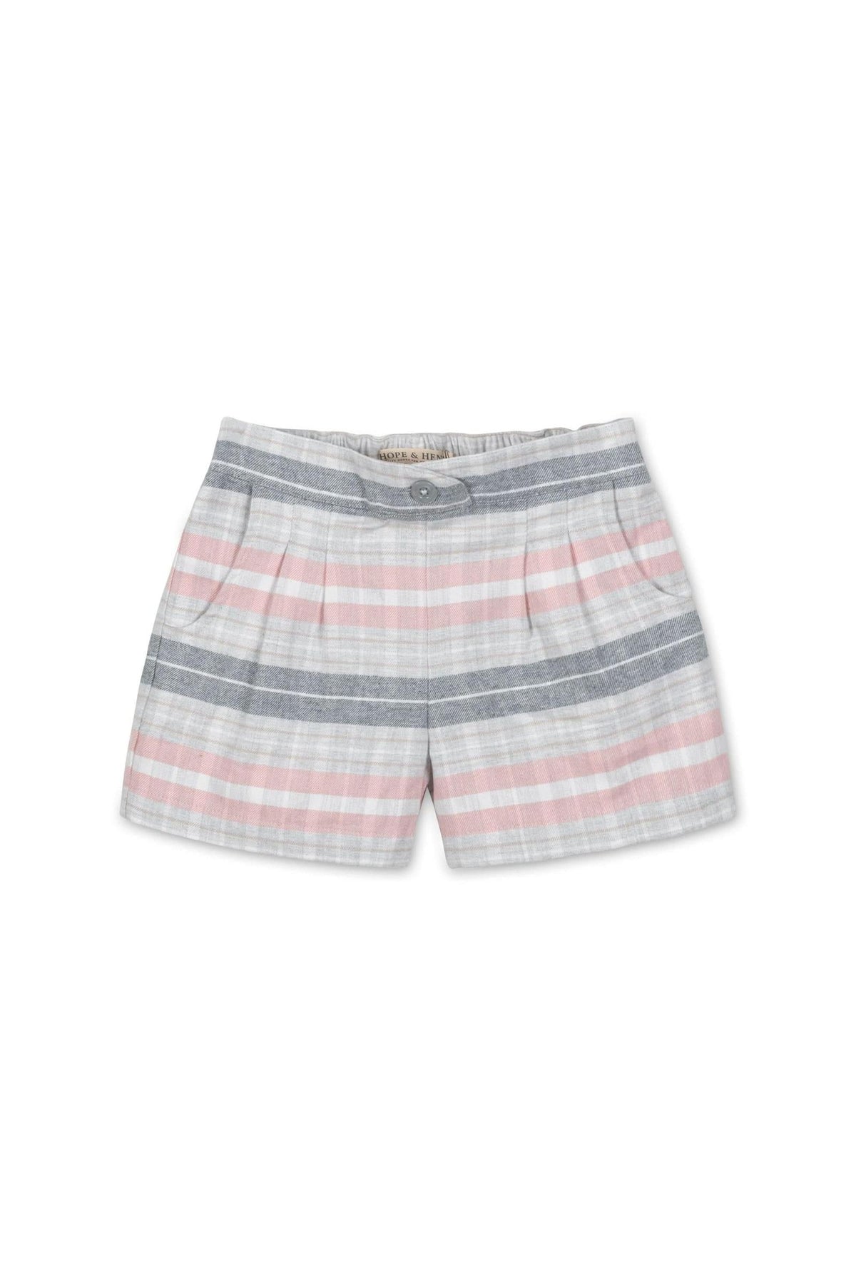 Light gray and pink plaid shorts made from soft organic cotton flannel feature a faux button front, side pockets, and pleating, designed for girls aged 2T to 12.